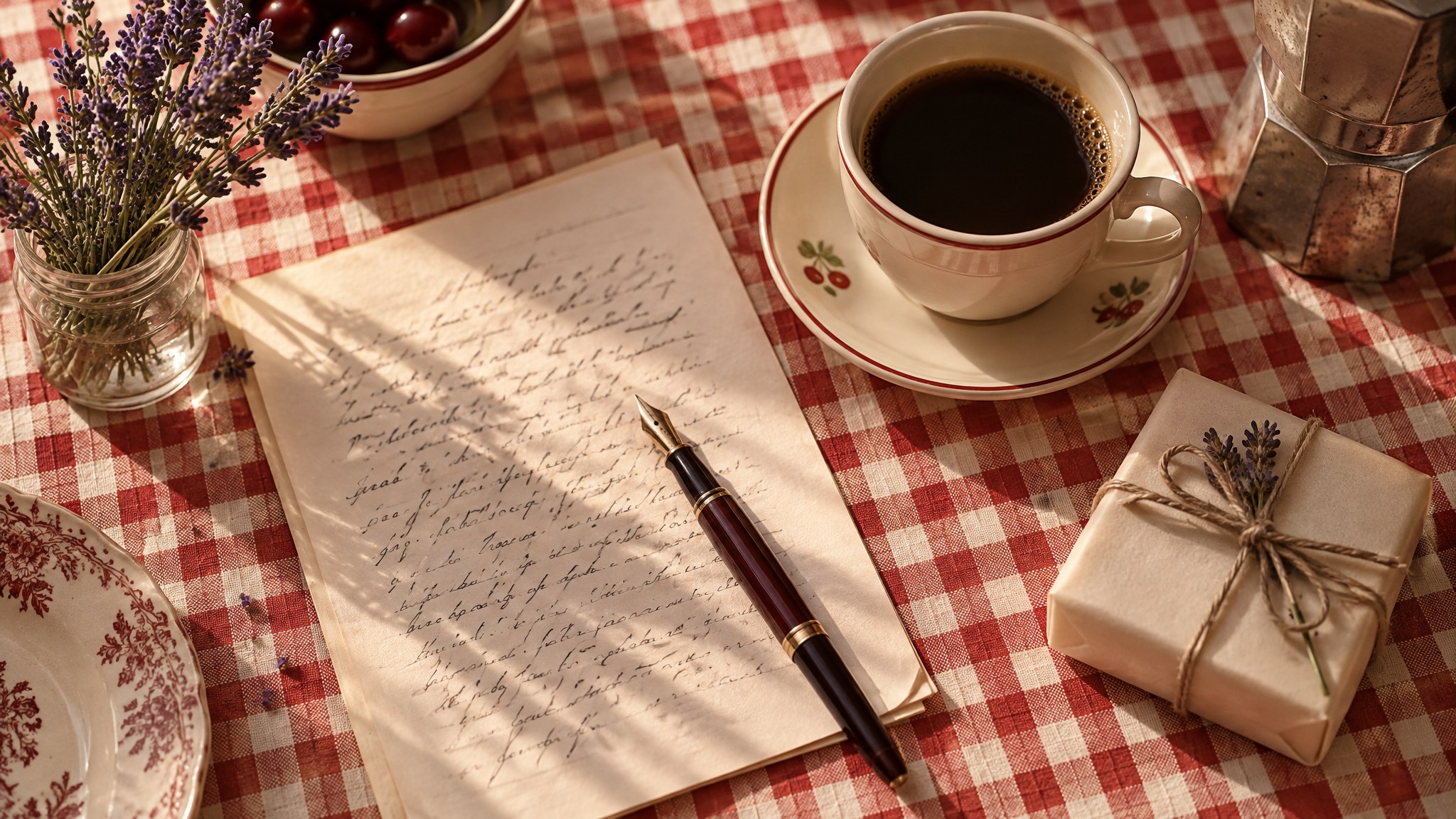 A handwritten note and coffee on a red gingham kitchen table